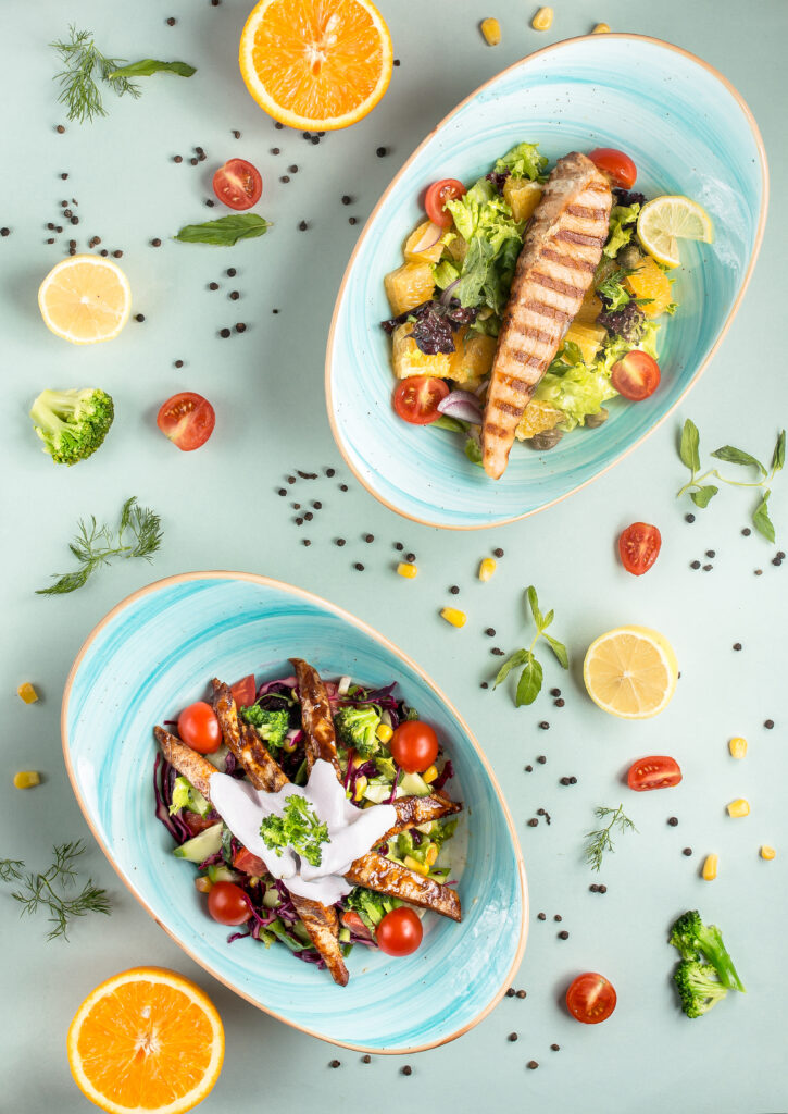 salmon salad on the table top view