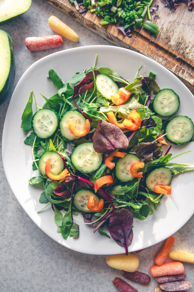 vegetable salad plate kitchen table top view